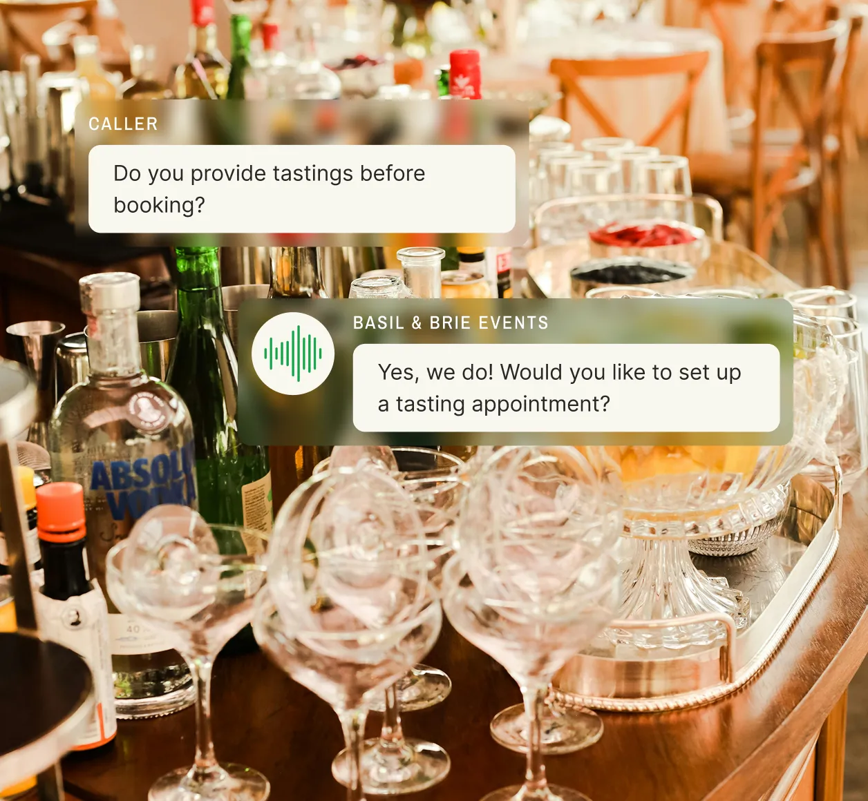 Customer asks if tastings are provided and a catering answering service offers to set up a tasting appointment in the chat.