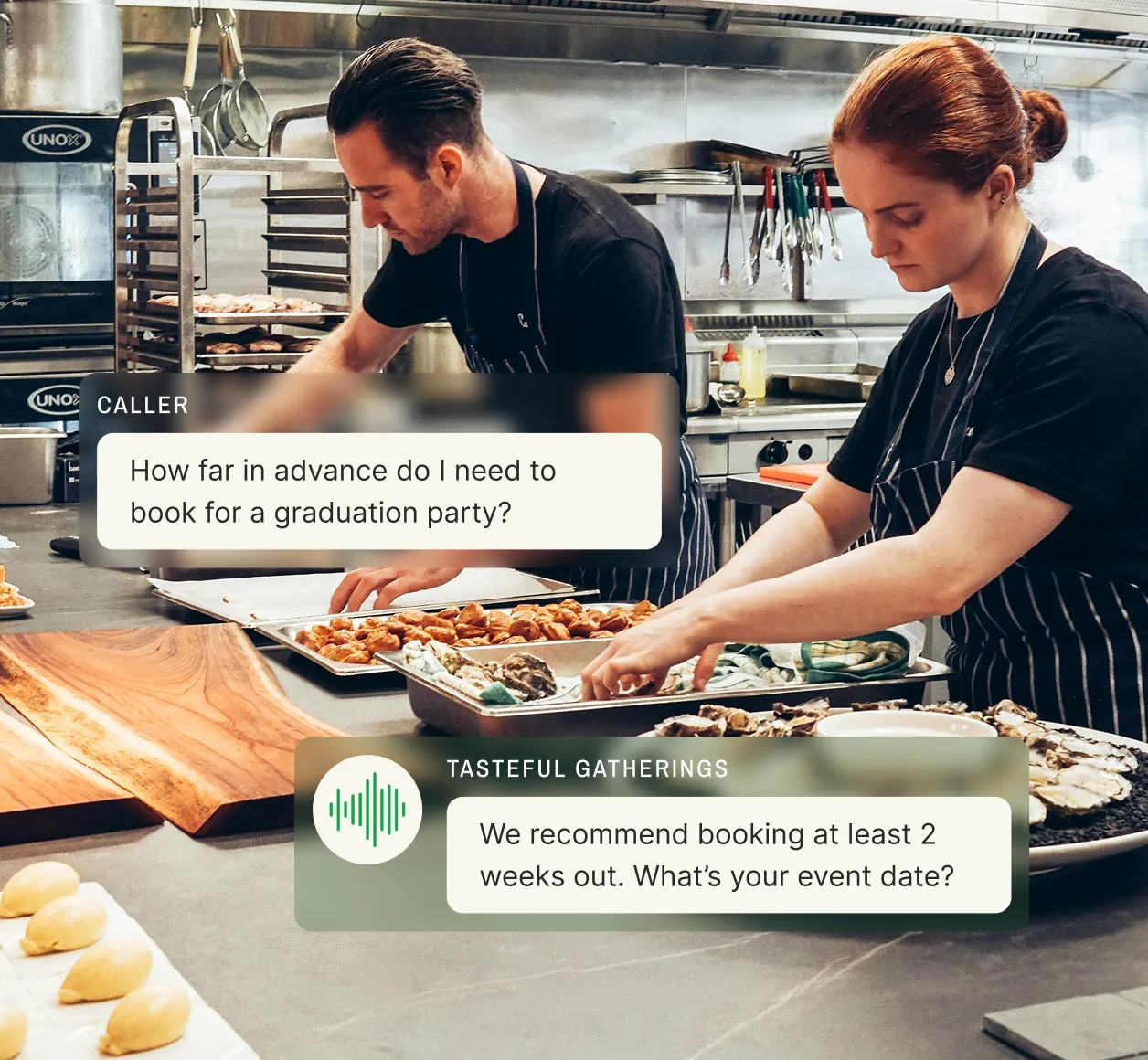Caller inquires about booking lead time for a graduation party and the best answering service for catering companies recommends two weeks’ notice.