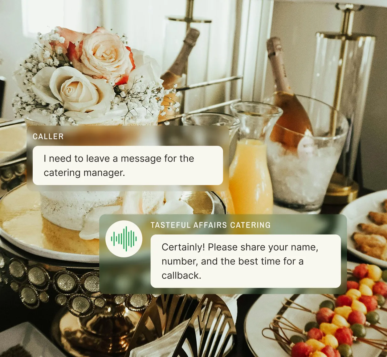 Caller asks to leave a message and a catering answering service collects name, number, and callback time in the text bubbles