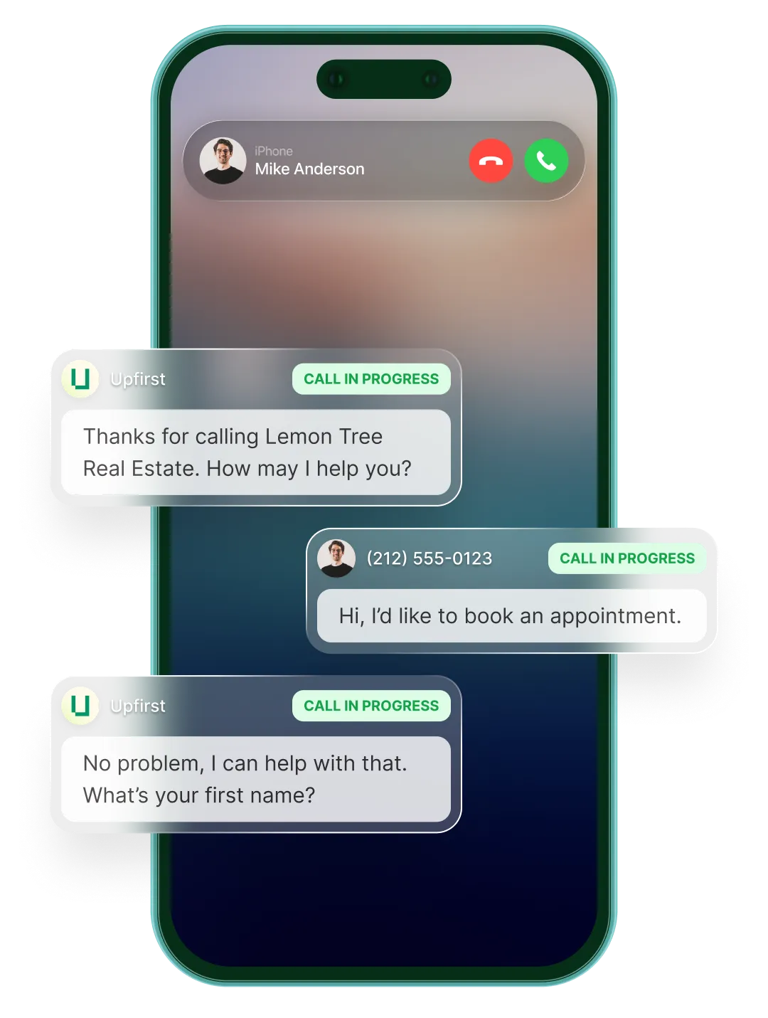 Illustration of an AI answering service in action, showing a smartphone screen with a caller and chat bubbles where the AI answers calls, books appointments, and collects caller information.