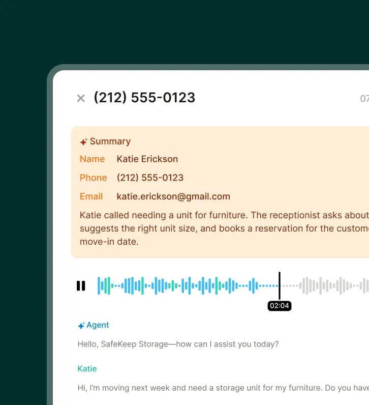 A self storage call center interface shows a call transcript, summary, and customer contact info for a storage unit reservation