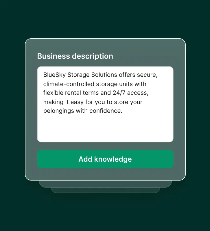 A self storage call center interface shows how to add a business description with 24/7 access and flexible rentals.