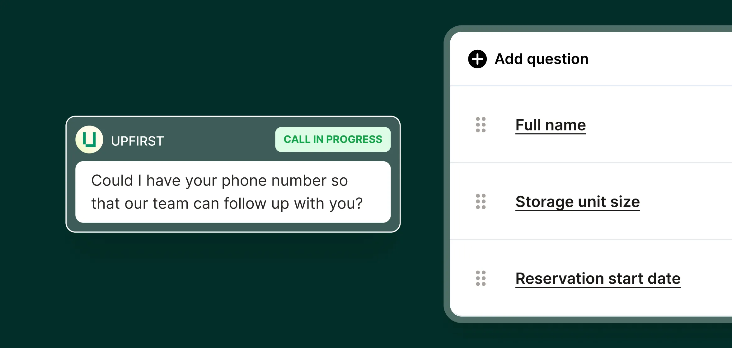 A self storage call center agent asks for a phone number while collecting details like name and unit size.