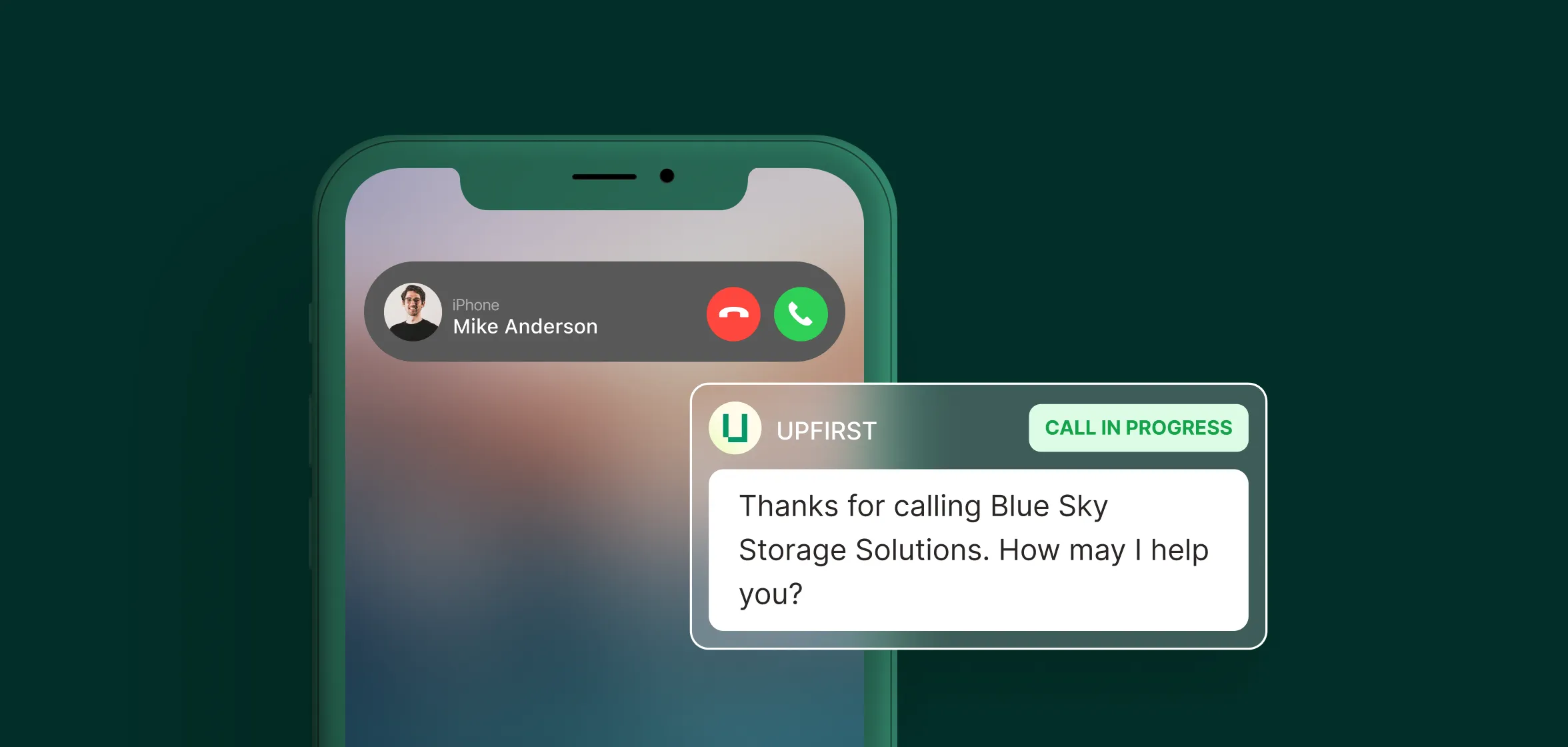 A self storage call center greets an incoming caller with a friendly message during an active call.