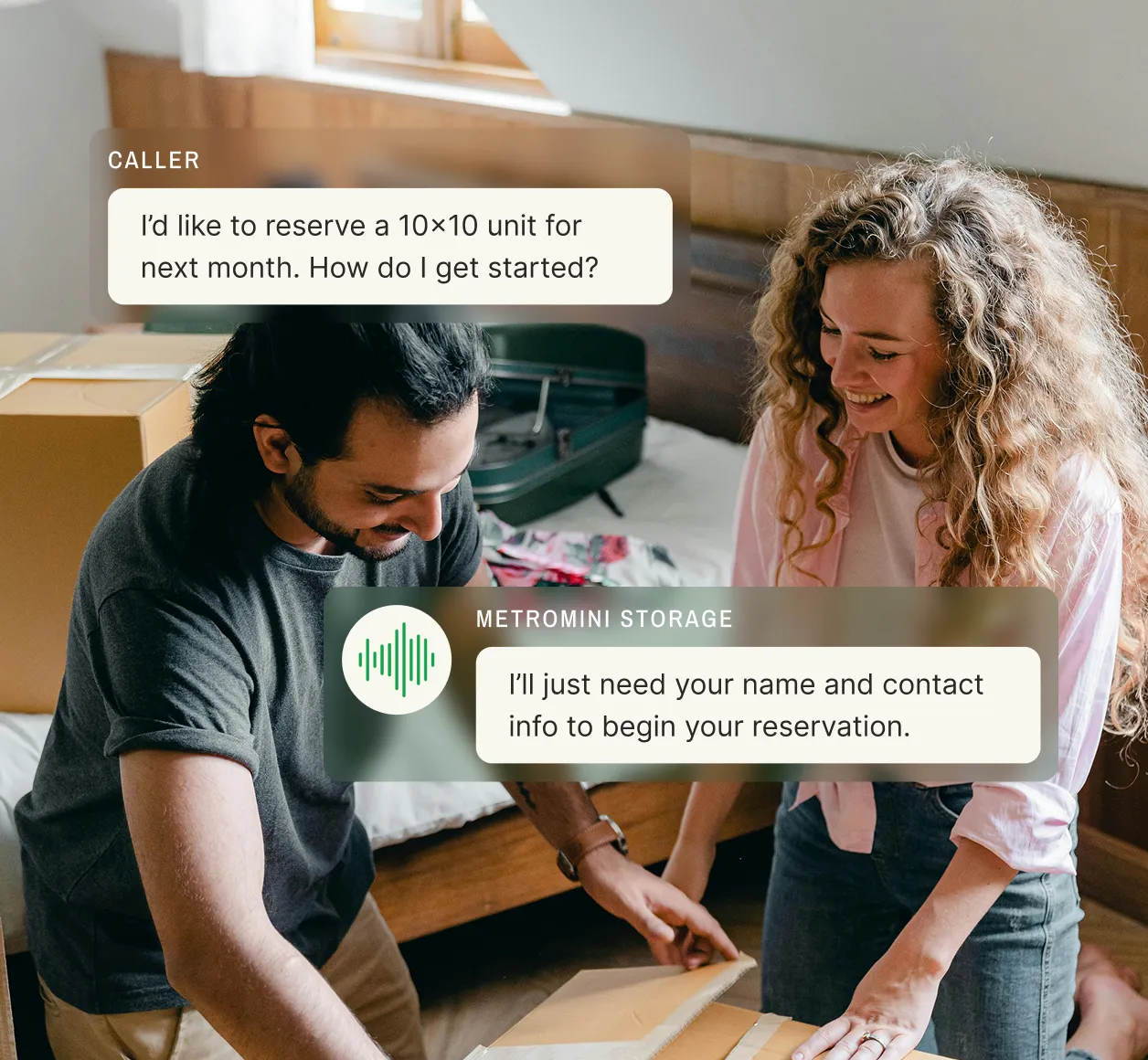 A customer asks to reserve a 10x10 unit, and the call center for self storage collects their contact info.