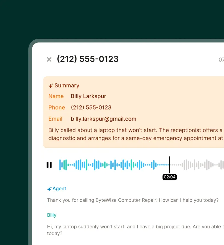 A call summary and transcript show a customer requesting urgent help for a laptop that won’t start, with the answering service for computer repair shop arranging a same-day diagnostic.