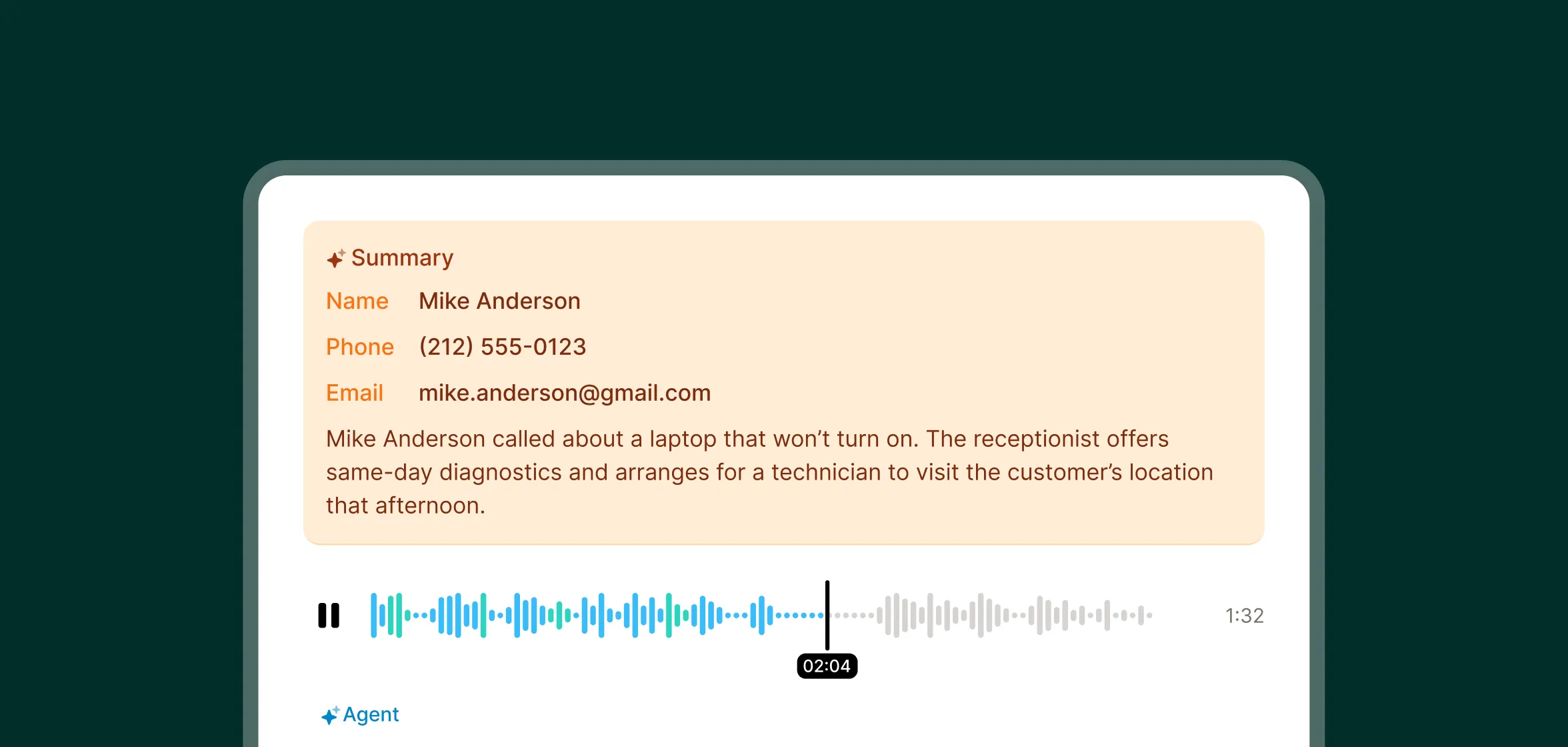 A call summary shows the computer repair answering service noting that a laptop won’t turn on and arranging a same-day technician visit.