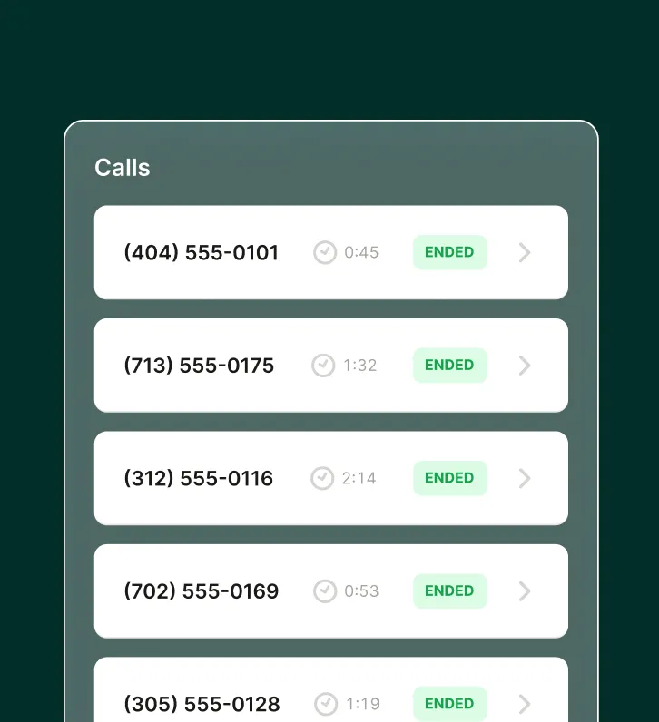 A call log screen shows a list of recent ended calls handled by a computer repair answering service with call durations.