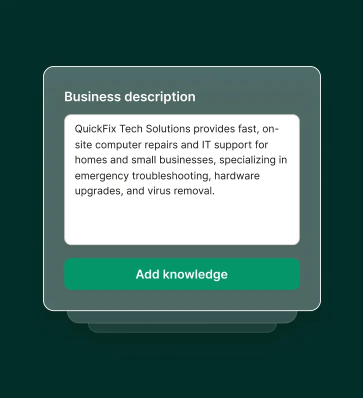 A business profile for a computer repair answering service describes on-site IT support for homes and small businesses including virus removal and emergency repairs.