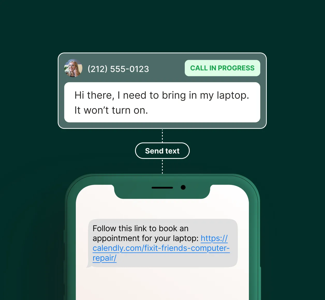 A customer asks about a broken laptop, and the computer repair answering service replies with a scheduling link to book a repair appointment.