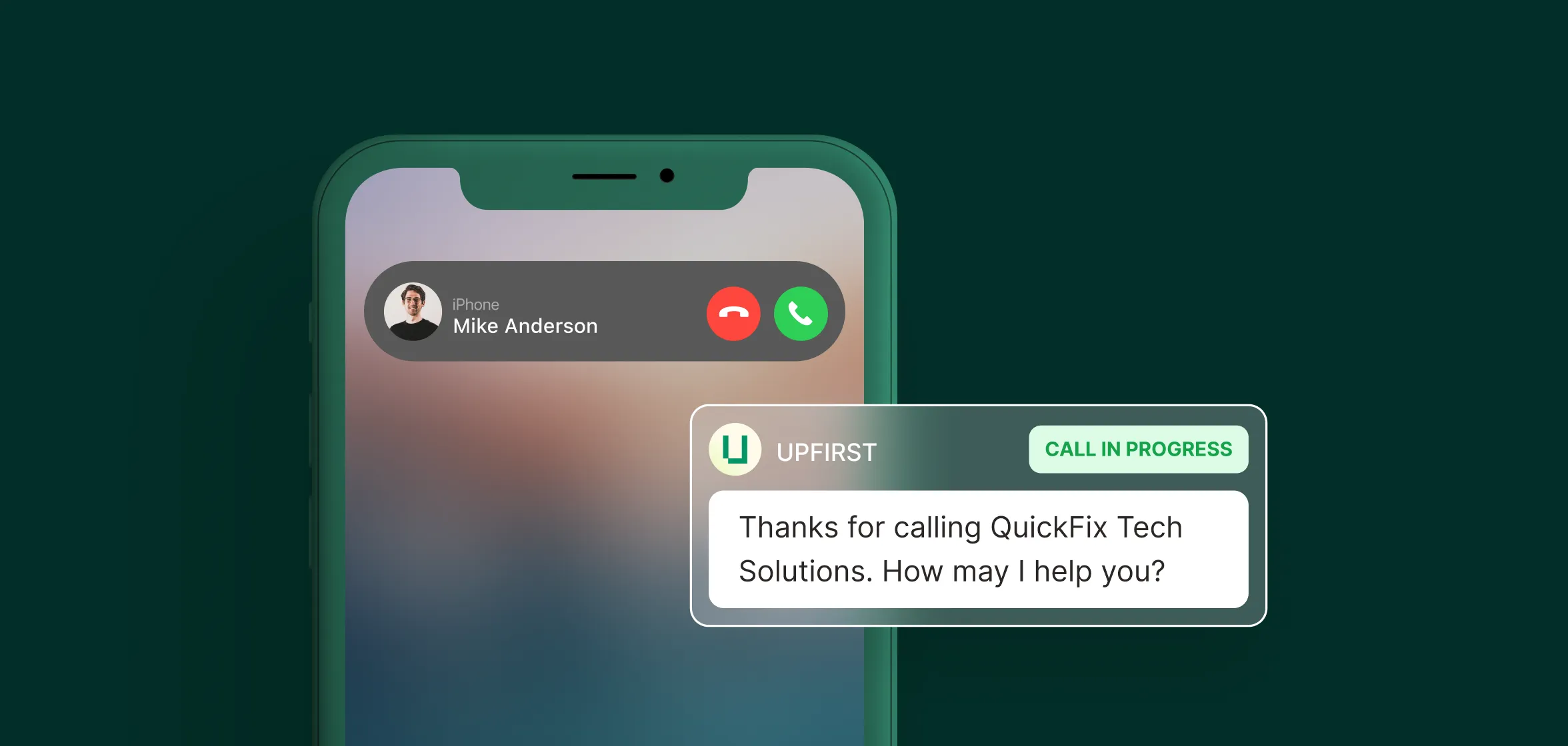 A mobile screen shows an incoming call with the answering service for computer repair thanking the caller and asking how they can help.