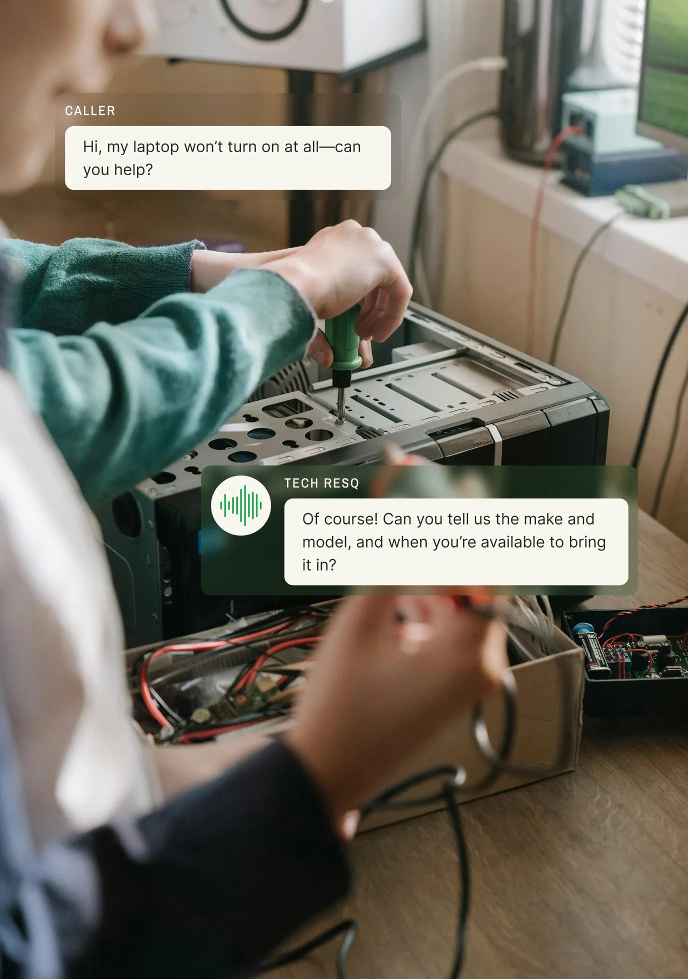 A technician uses a screwdriver on a desktop computer while a caller asks for help with a laptop that won’t turn on, and the computer repair answering service responds by asking for the make and model.