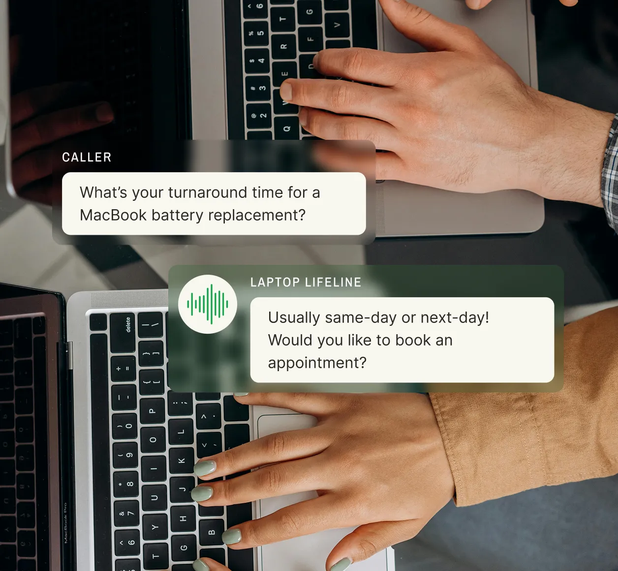 A caller inquires about MacBook battery replacement time, and the computer repair answering service replies with a same-day or next-day estimate.