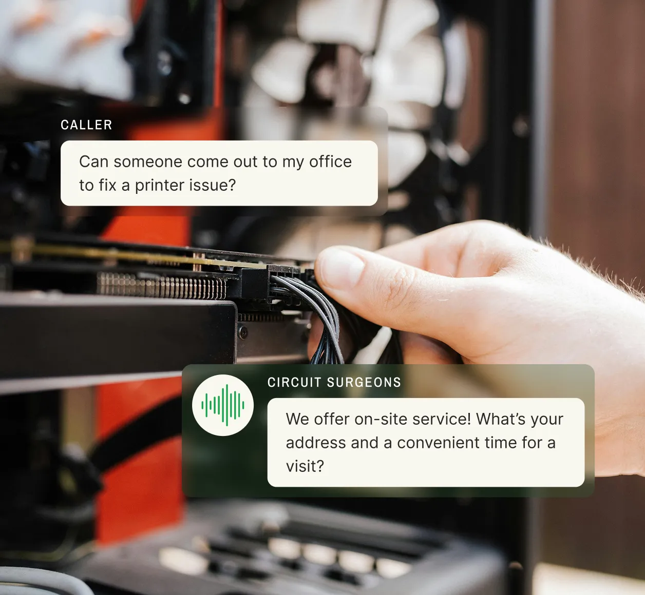 A caller asks if someone can come to the office for printer repair, and the computer repair answering service replies with a request for the address and time.