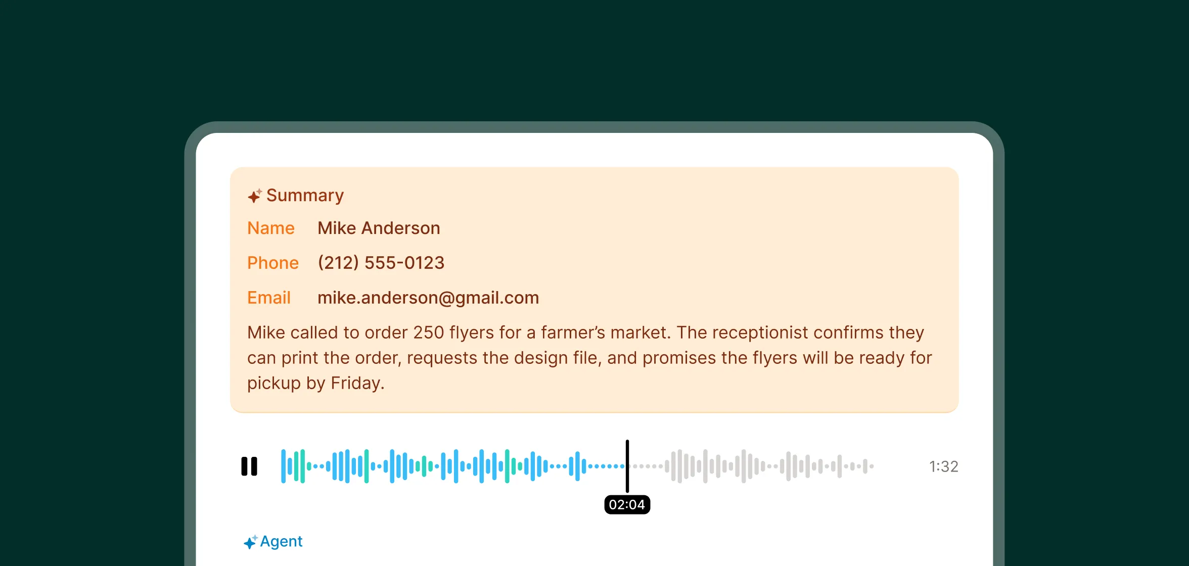 A print shop answering service displays a call summary with the caller’s name, phone, email, a brief order summary, and an audio waveform timeline.