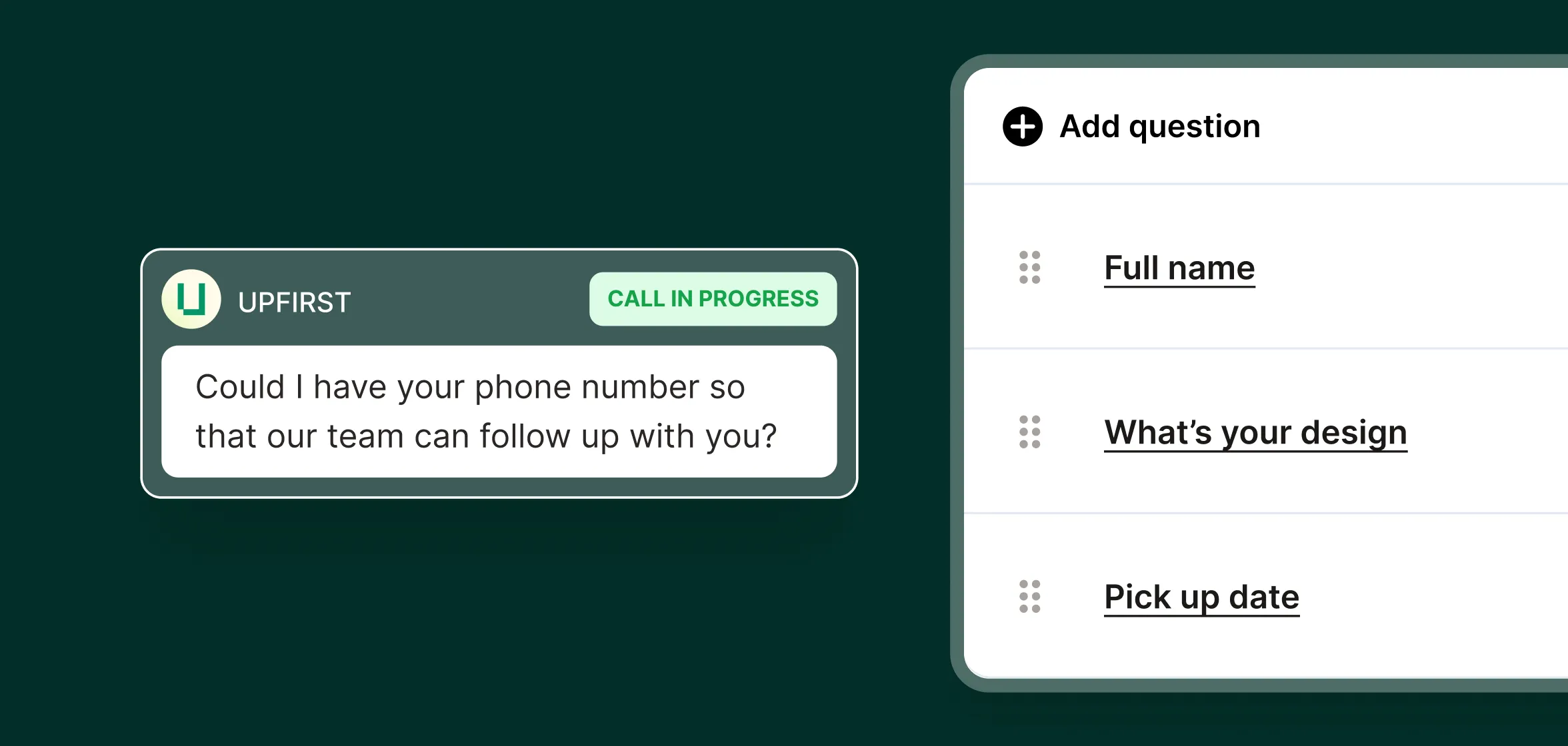 An answering service for print shops asks the caller for their phone number and displays form fields for full name, design details, and pickup date.