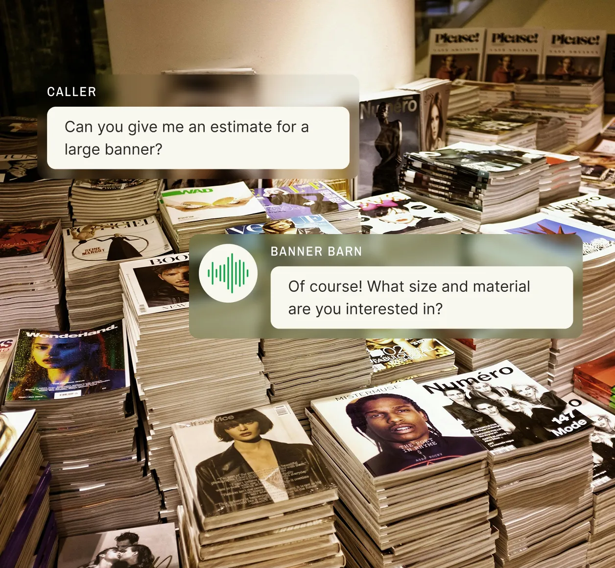 A print shop answering service confirms it retains client files and asks how many letterheads the caller needs when they want to reorder company letterhead.