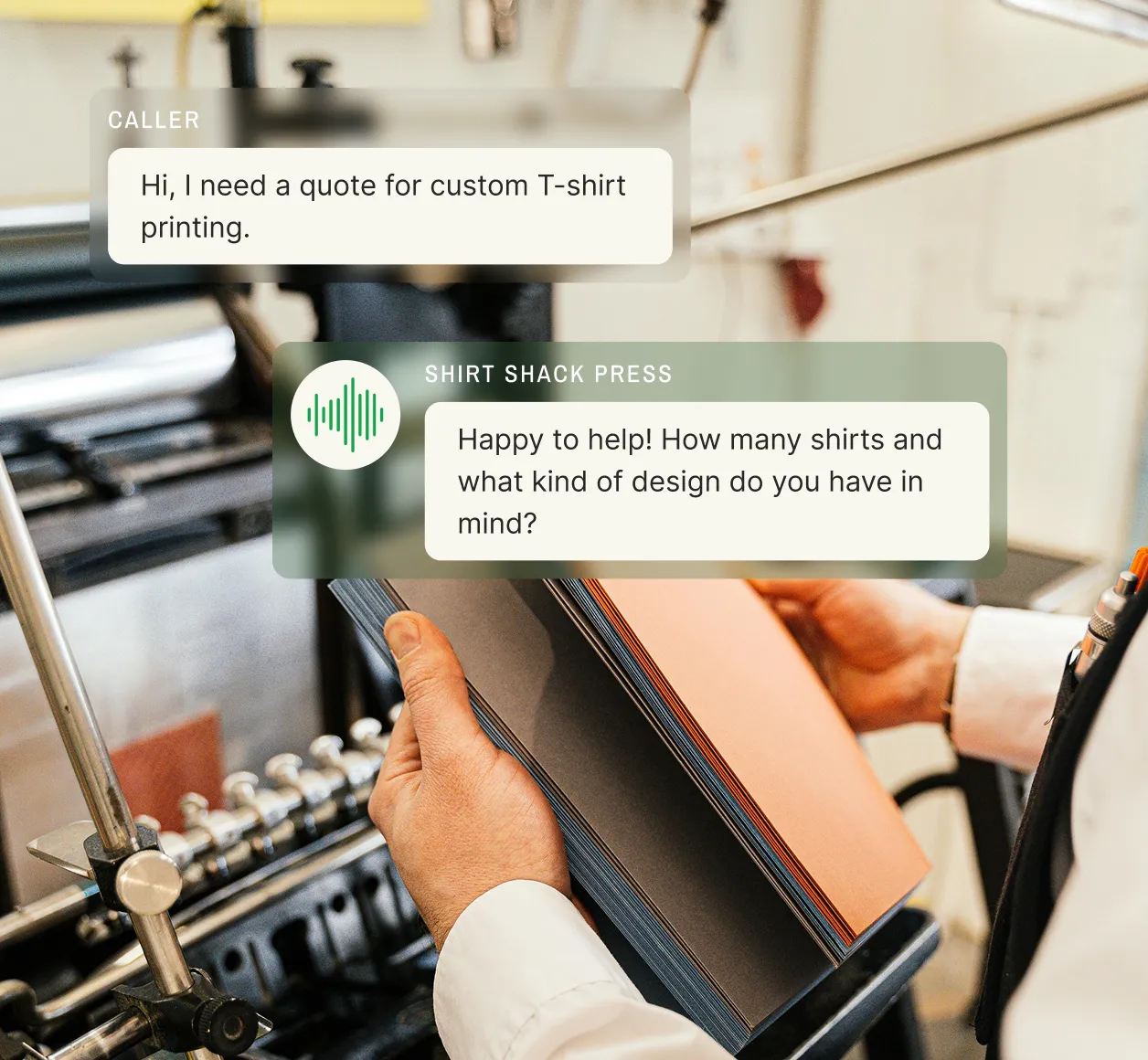 A print shop answering service responds to a caller requesting a quote for custom T-shirt printing by asking how many shirts and what design they have in mind.