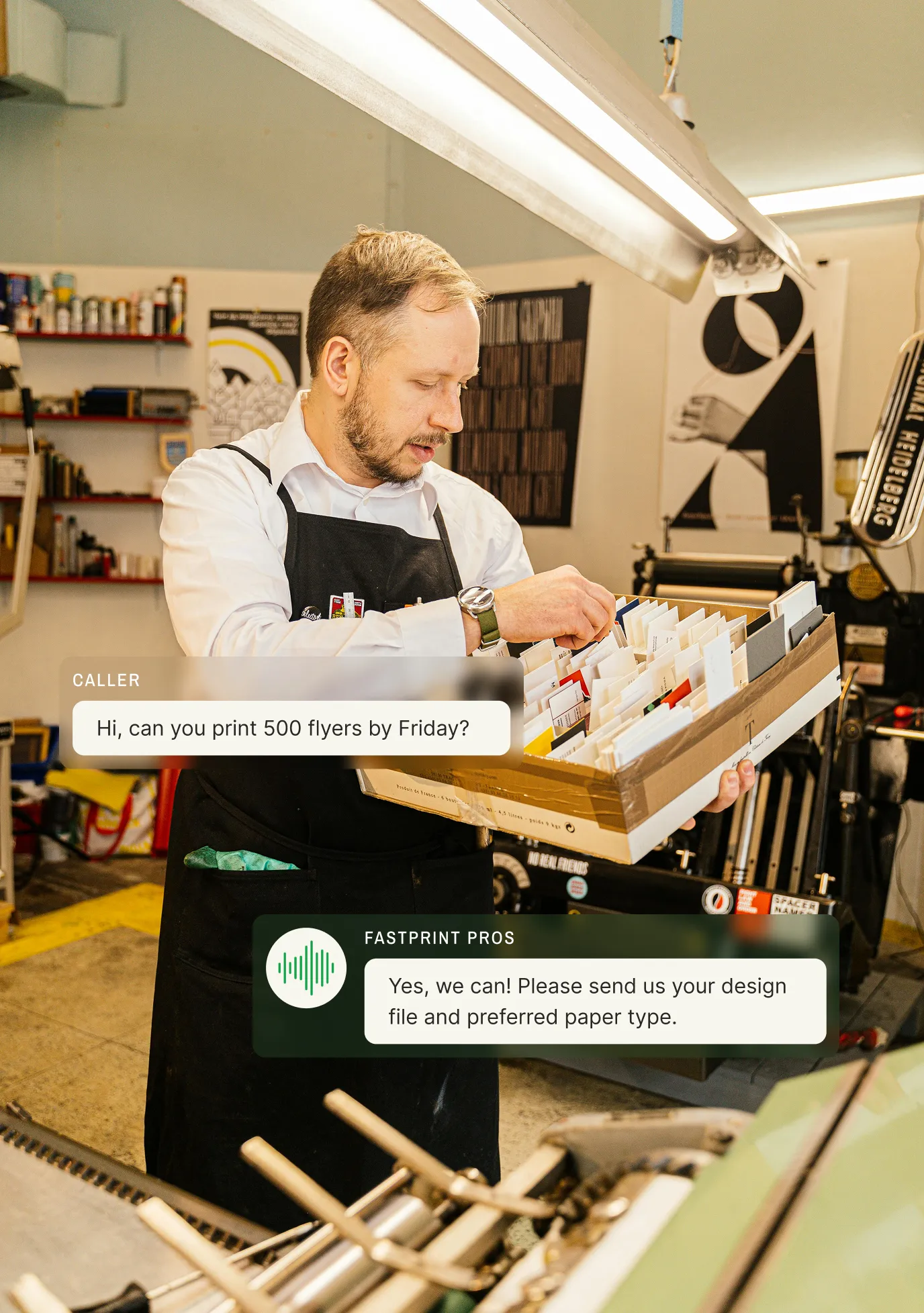 A print shop answering service confirms it can print 500 flyers by Friday and requests the design file and preferred paper type.