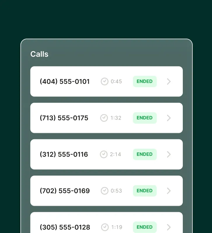 A print shop answering service dashboard displays recent calls with phone numbers, call durations, and “ended” status indicators.