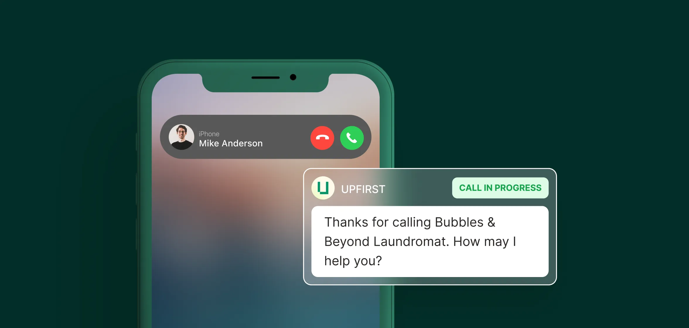 A smartphone screen showing an incoming call from a customer and a welcome message from an answering service for laundry services asking how they can help.