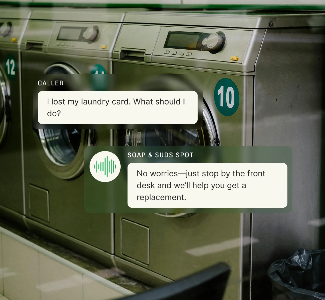 A row of washing machines under a chat bubble shows a caller who lost their laundry card and an answering service for laundromats advising them to stop by the front desk for a replacement.