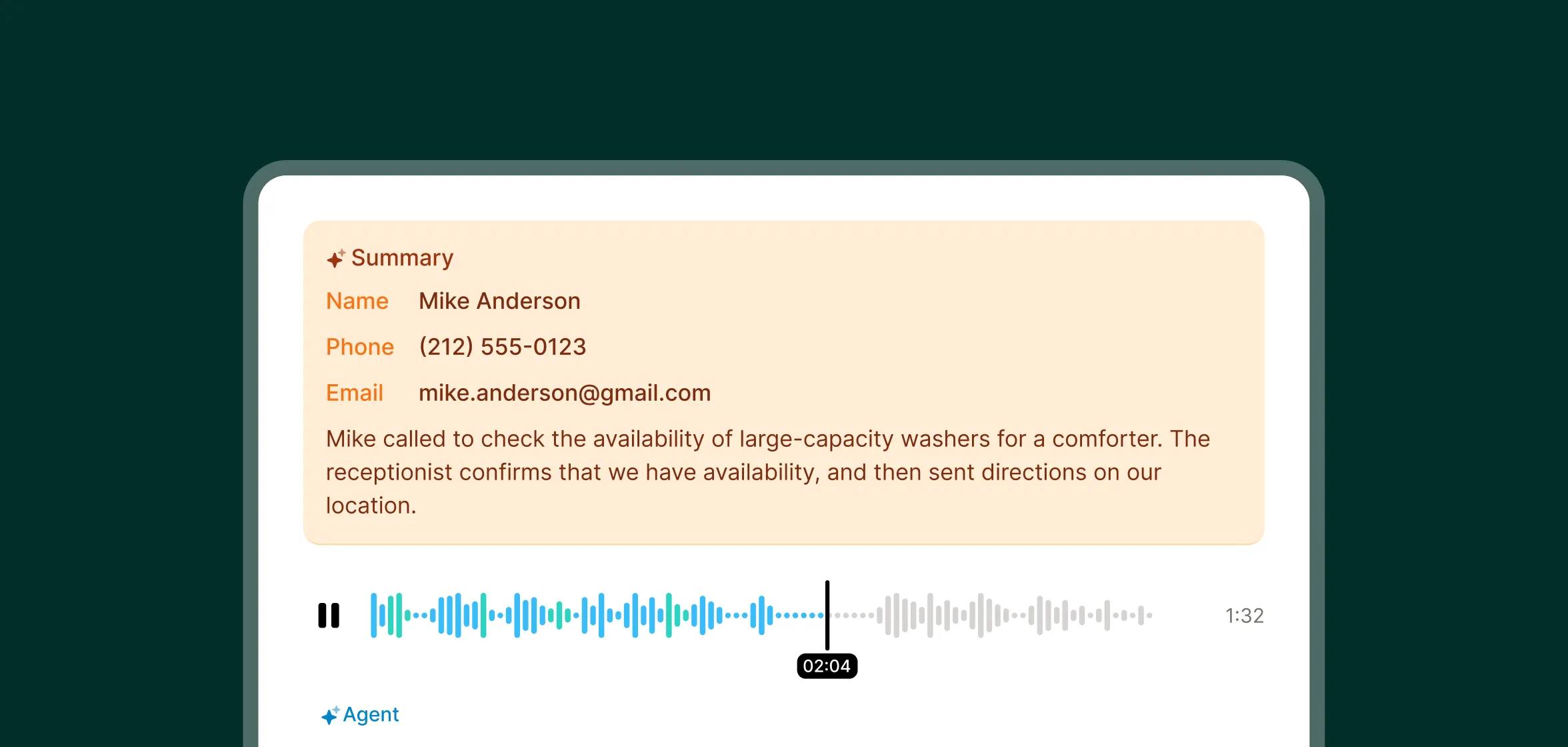 A call summary interface displaying the caller’s name, phone, email, and a waveform transcript for an answering service for laundromats.