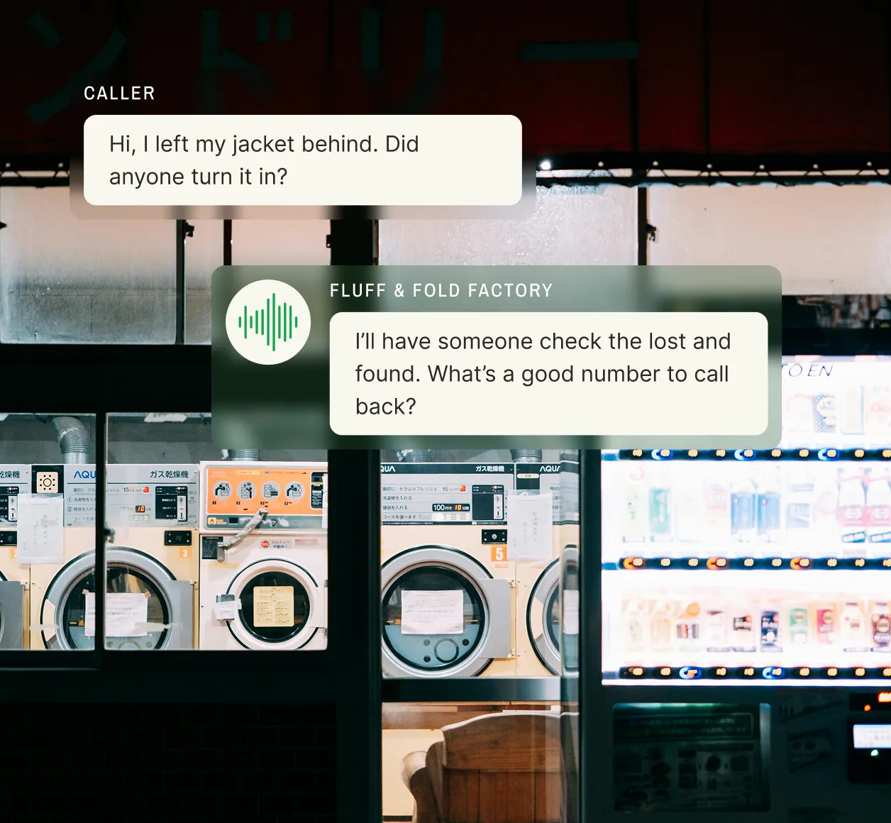 A laundromat interior overlaid with a chat bubble shows a caller asking if someone turned in a forgotten jacket and an answering service for laundry services offering to check the lost-and-found and request a callback number.
