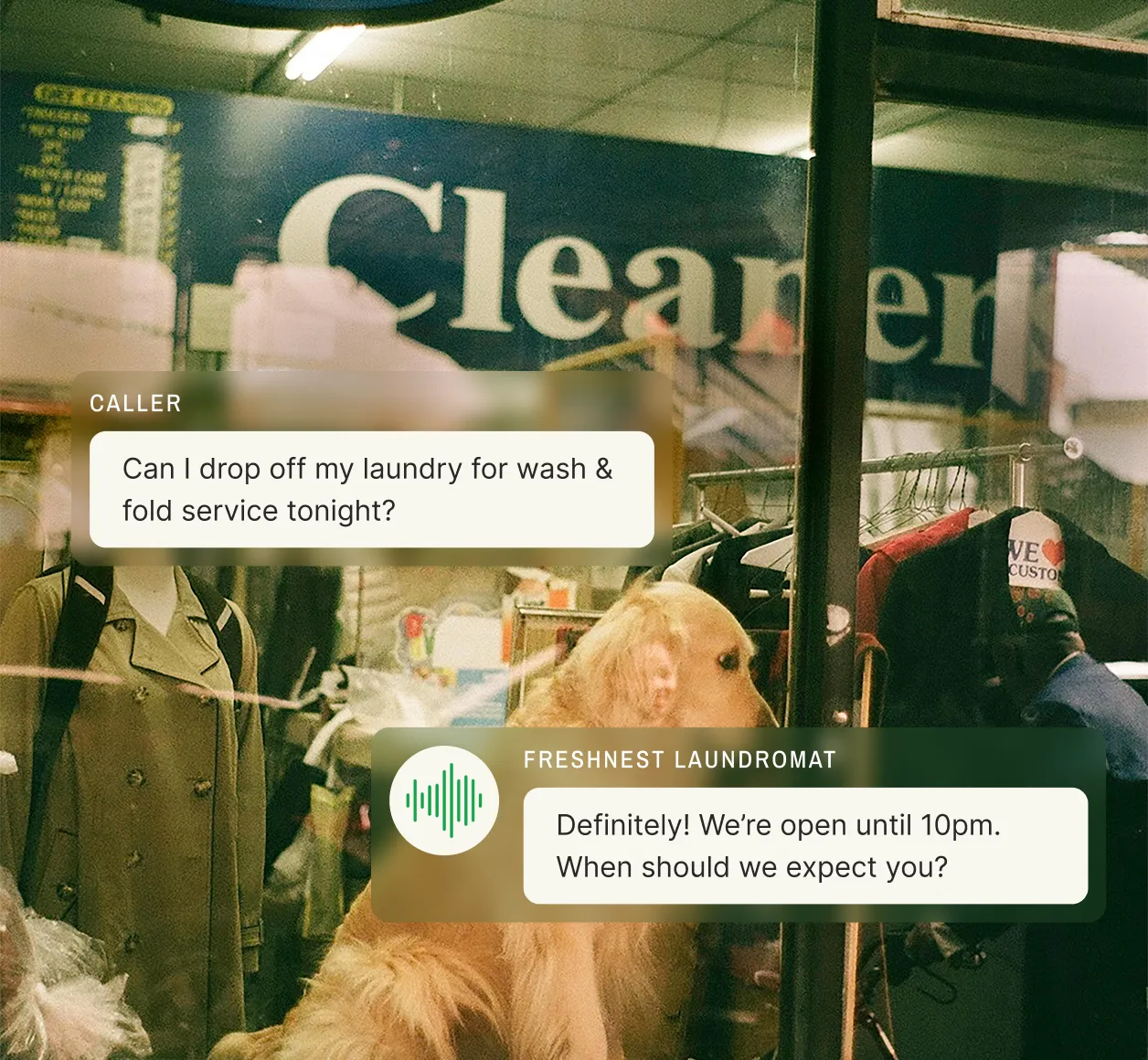 Laundry bins in front of a dryer are overlaid with a chat bubble where a caller asks about drop-off for wash-and-fold service tonight, and an answering service for laundry services confirms hours and asks expected arrival time.