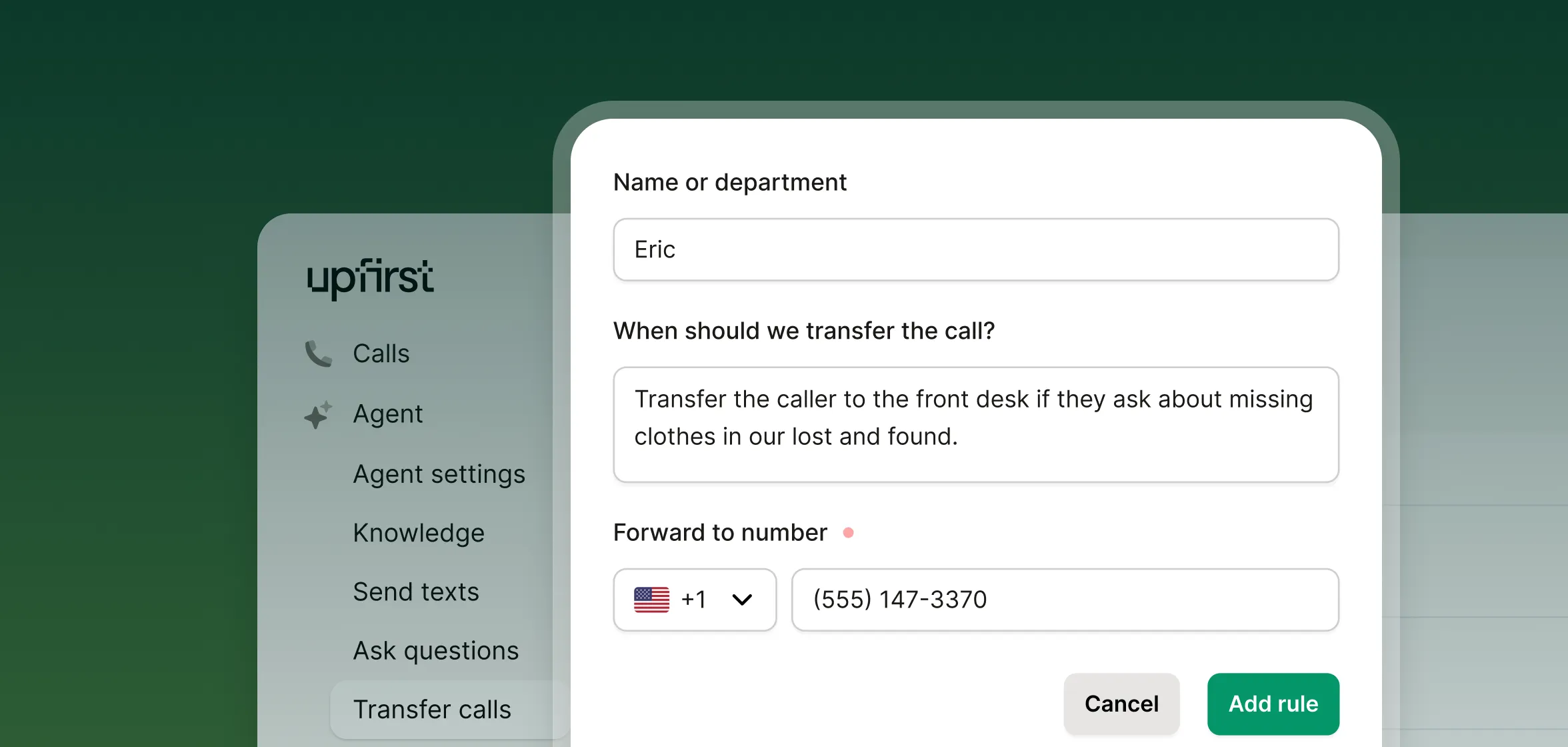 A “Transfer calls” settings dialog defining a rule to forward calls about lost-and-found items to a front-desk number for an answering service for laundry services.