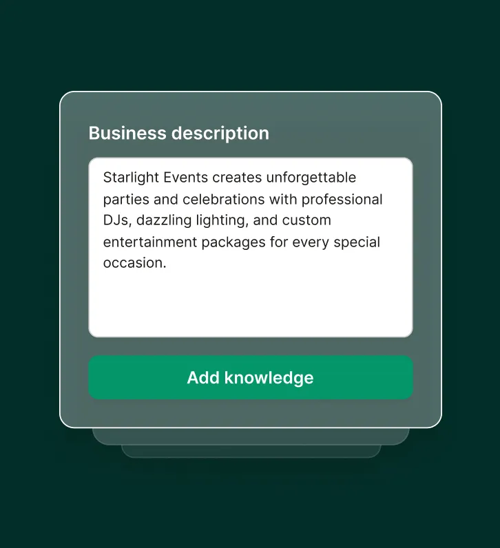 Screenshot of a business description box reading “Starlight Events creates unforgettable parties and celebrations with professional DJs, dazzling lighting, and custom entertainment packages for every special occasion.” for an answering service for entertainment companies.