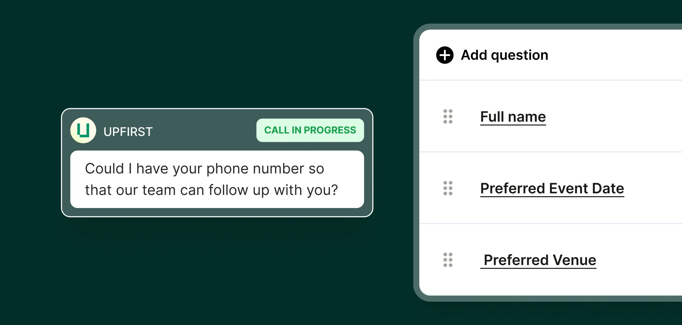 Screenshot of an entertainment company answering service collecting caller details, with the agent asking “Could I have your phone number …” next to fields for full name, preferred event date, and preferred venue.