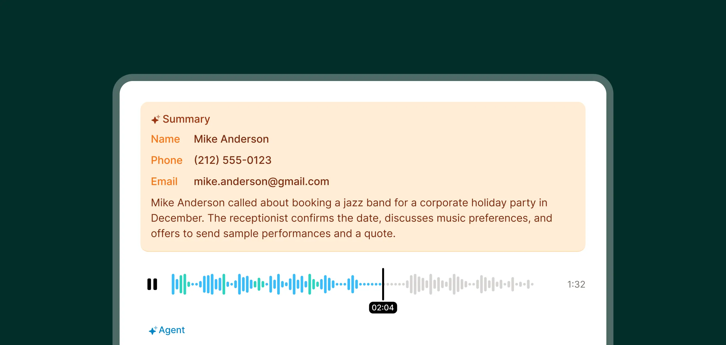 Interface view of an entertainment company answering service showing a call summary with caller name, phone, email, a brief summary of booking a jazz band, and accompanying audio waveforms.