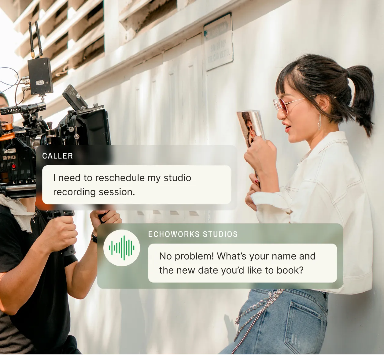 Photo of a caller stating “I need to reschedule my studio recording session.” and an answering service for entertainment companies responding “No problem! What’s your name and the new date you’d like to book?