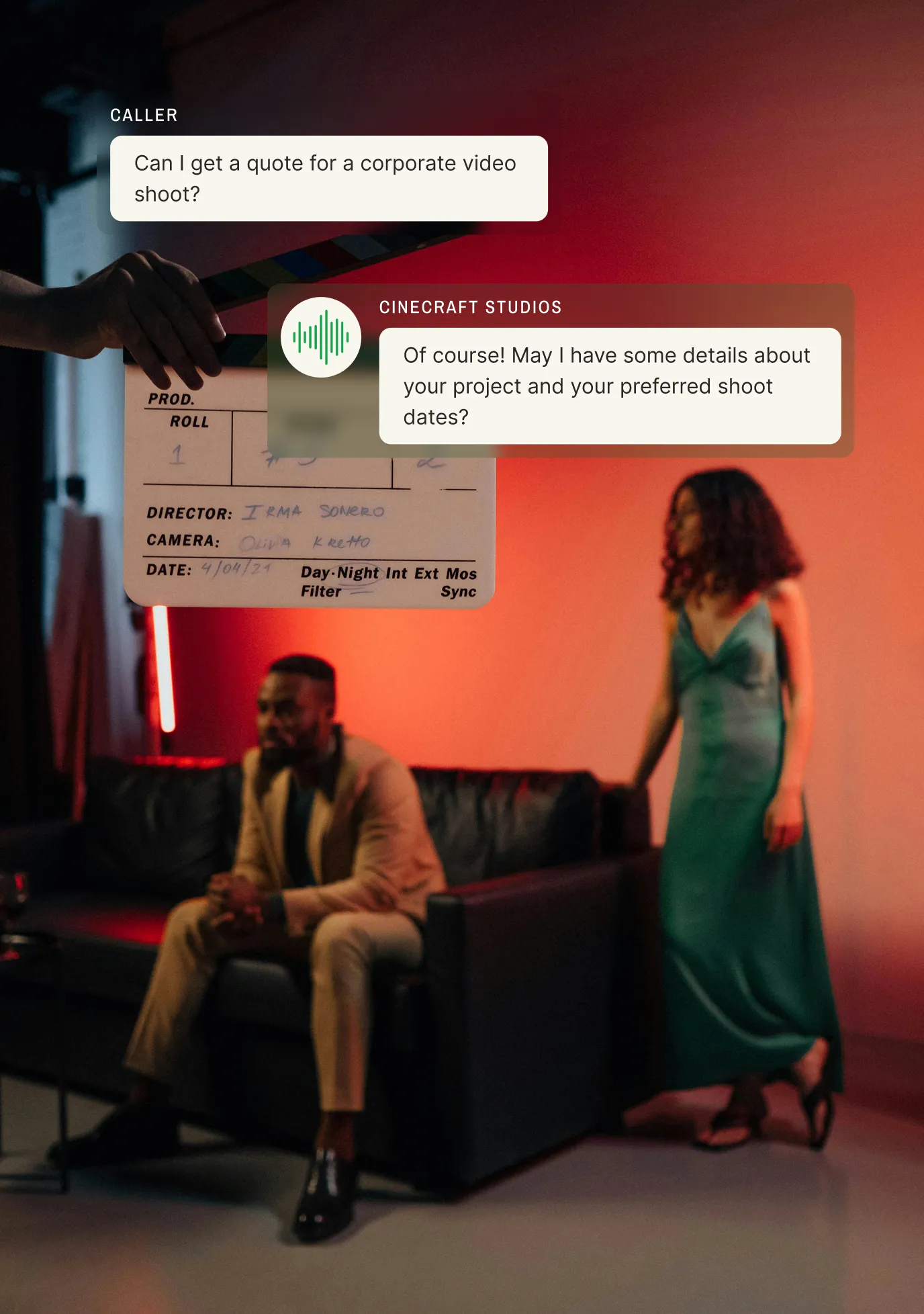 Feature image showing a caller asking “Can I get a quote for a corporate video shoot?” and a virtual answering service for entertainment companies responding with “Of course! May I have some details about your project and your preferred shoot dates?