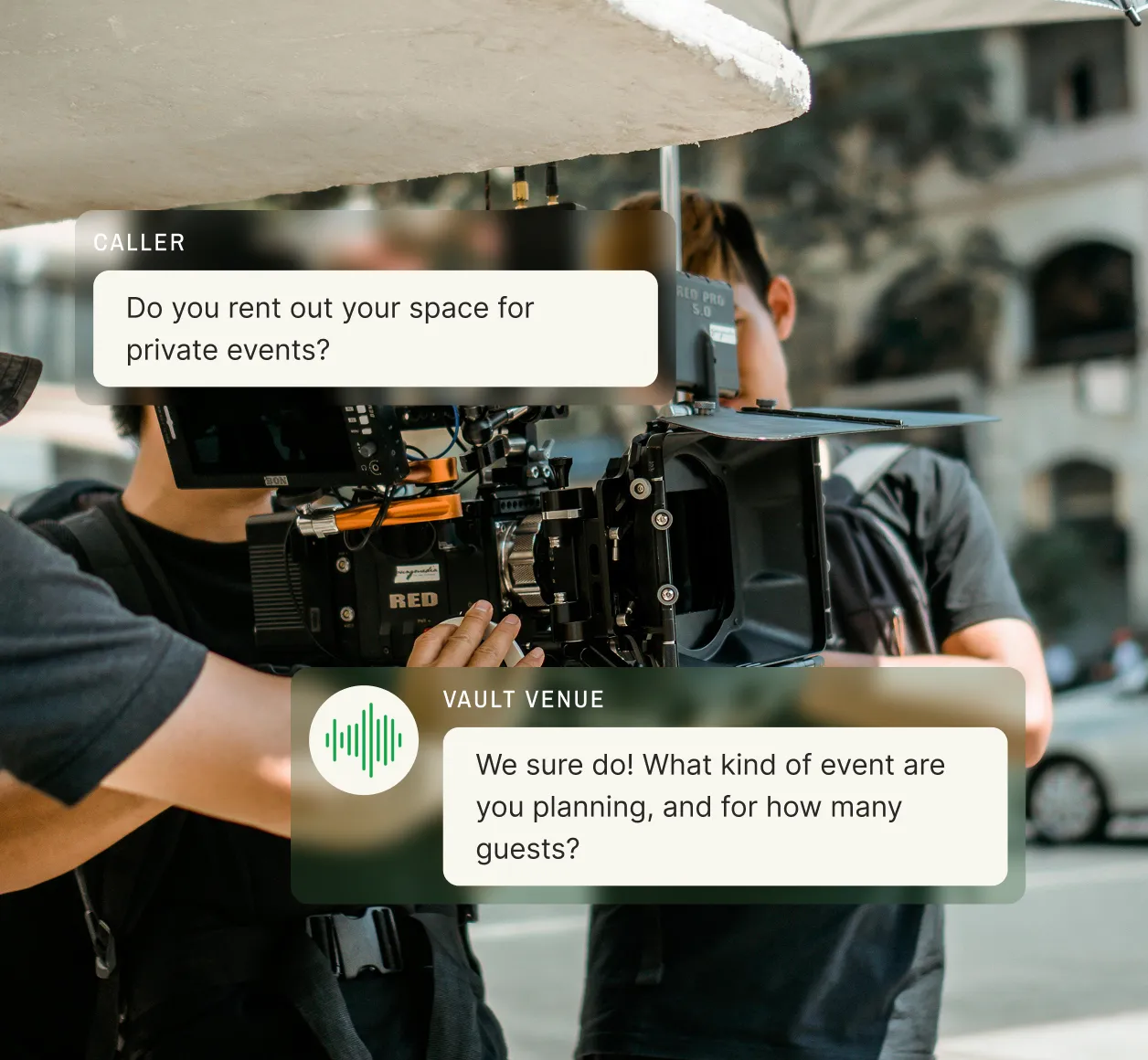 Behind-the-scenes film set image with a caller asking “Do you rent out your space for private events?” and an entertainment company answering service answering “We sure do! What kind of event are you planning, and for how many guests?”