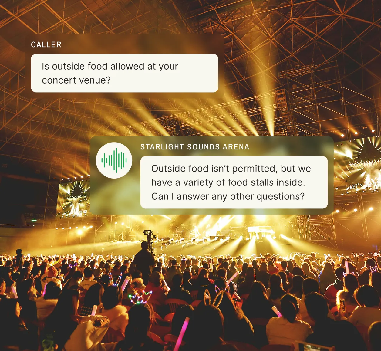 Concert venue scene with a caller asking “Is outside food allowed at your concert venue?” and a virtual answering service for entertainment companies replying “Outside food isn’t permitted, but we have a variety of food stalls inside. Can I answer any other questions?