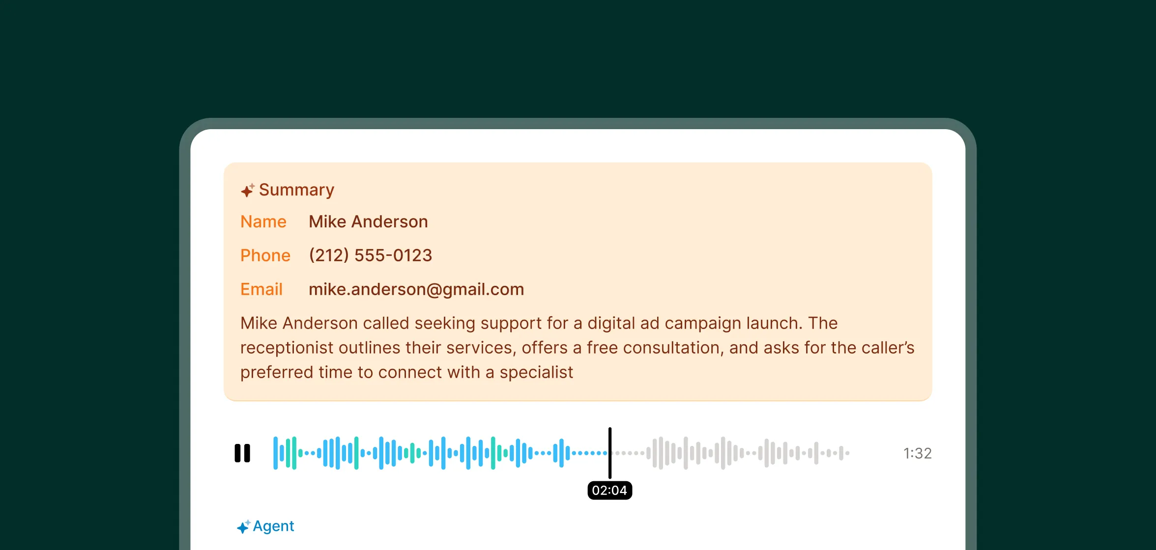 A call summary and audio recording show how an answering service for a marketing agency logs caller info and campaign needs.