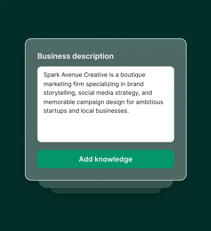 A business profile is added to an answering service for a marketing agency, including details on social media and campaign strategy.