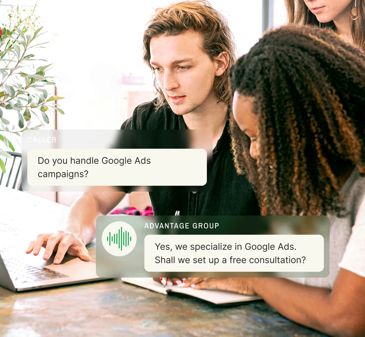 A team reviews campaign strategy while a marketing answering service offers a free consultation for Google Ads.