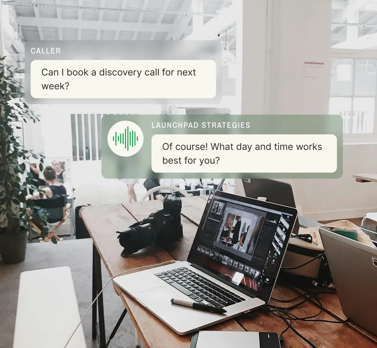 Open studio workspace with photography equipment as an answering service for social media marketing companies books a discovery call.