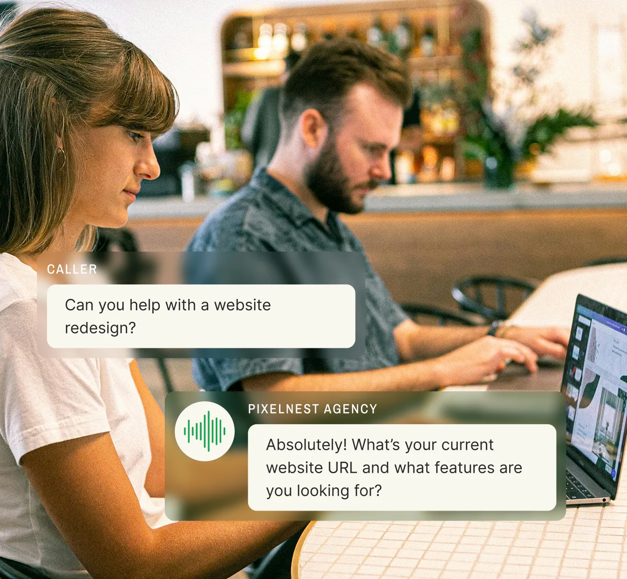 Two marketers on laptops while a marketing answering service responds to a caller asking for a website redesign.