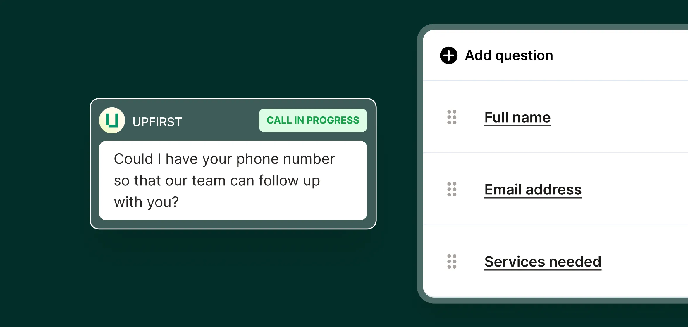 A marketing answering service asks for contact details during a call while showing a form to collect full name, email, and services needed.