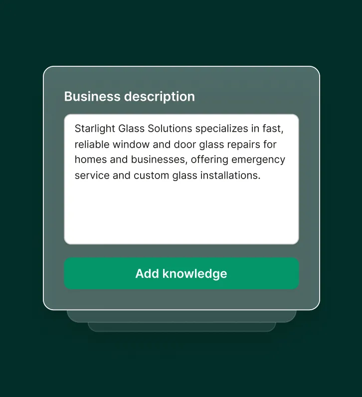 Business description form for a glass repair answering service showing details of services offered.