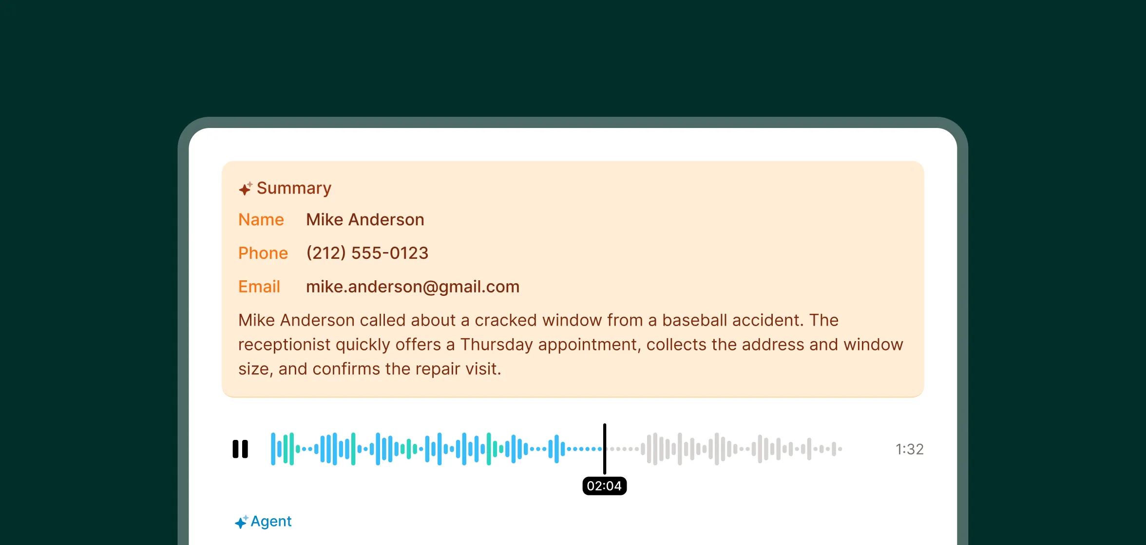 Call summary and audio playback from an answering service for glass repair describing a customer’s cracked window issue and scheduled repair.