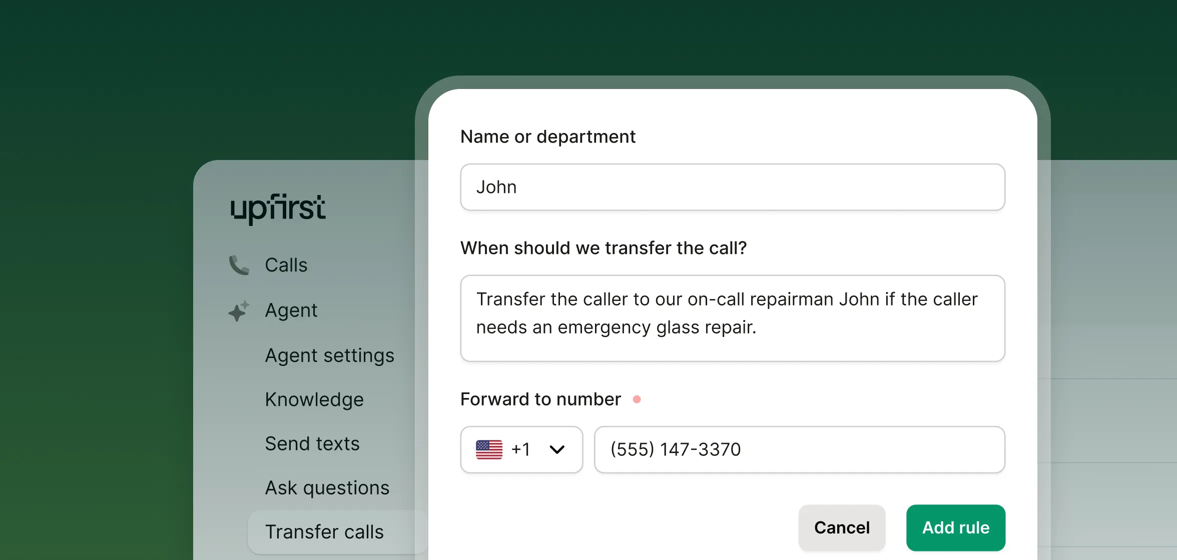 Interface for setting call transfer rules in a remote phone answering service for glass repair shops, forwarding urgent cases to an on-call repairman.
