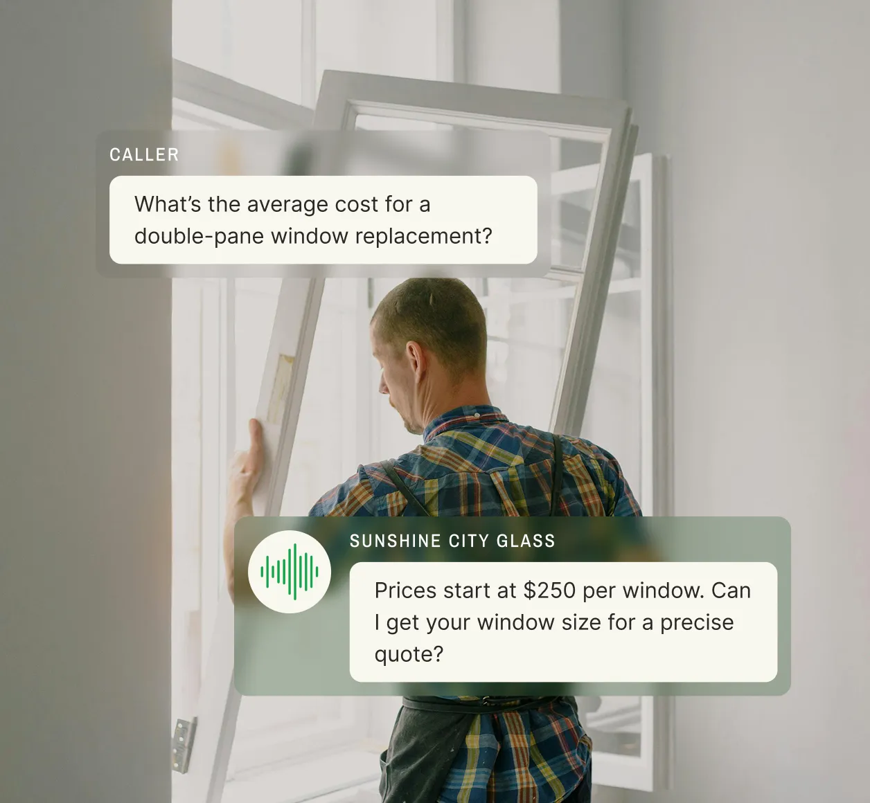 Worker installing a new window with a chat overlay where a remote phone answering service for glass repair shops provides a replacement cost estimate.