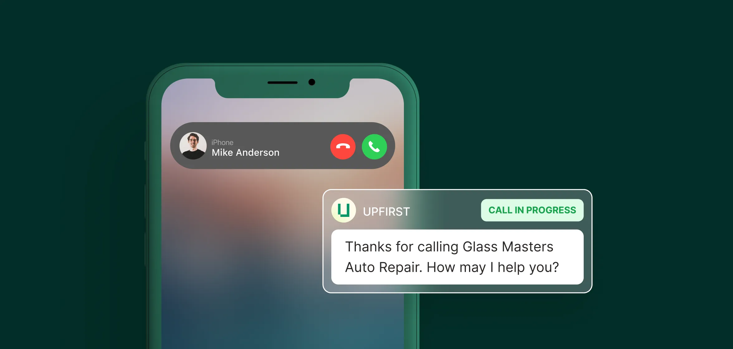 Incoming call screen with a chat overlay where a glass repair answering service greets the caller.