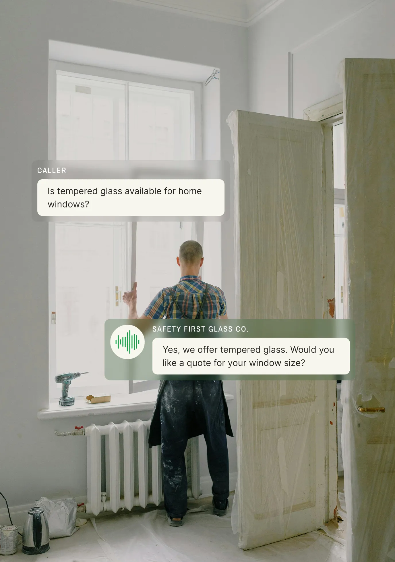 Worker installing a home window with a chat overlay where an answering service for glass repair confirms tempered glass availability.
