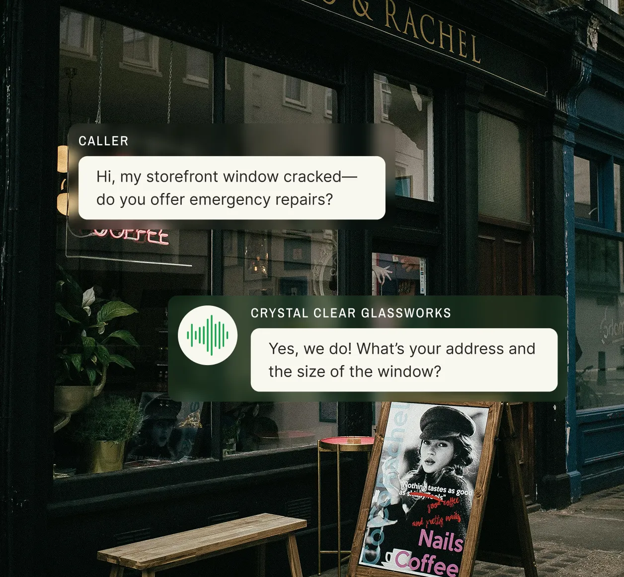 Storefront window with a chat overlay where an answering service for glass repair confirms emergency repair availability.